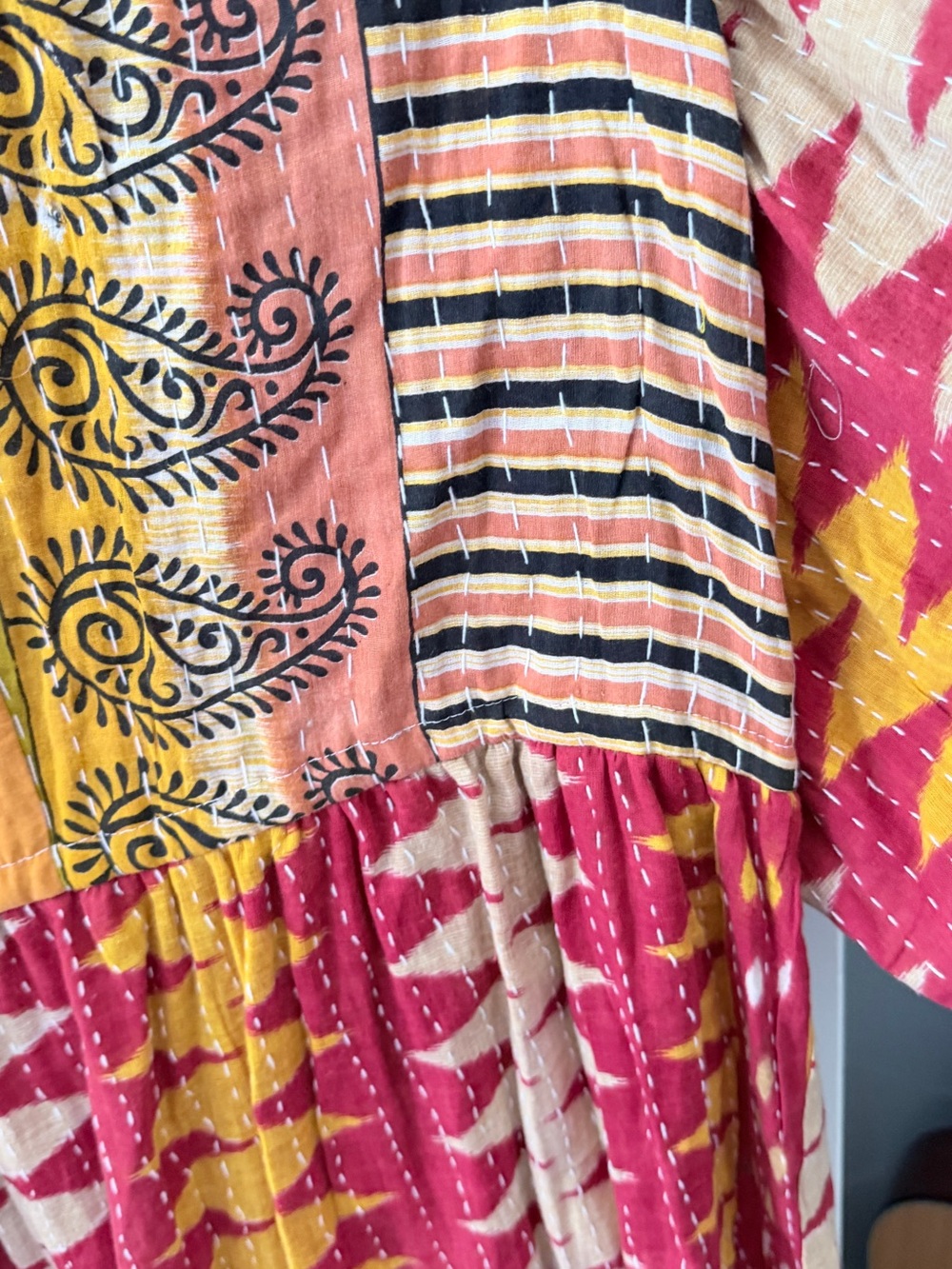 Kantha- Bohemian Drawstring Casual Dress in Pink and Yellow - Picture 6 of 9